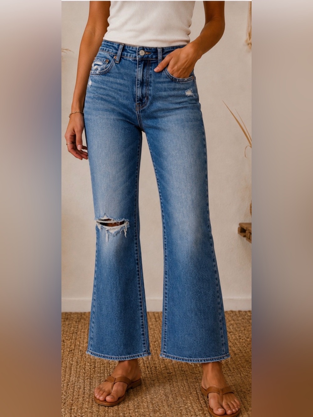 High Waisted Stretch Distressed Flare Jeans